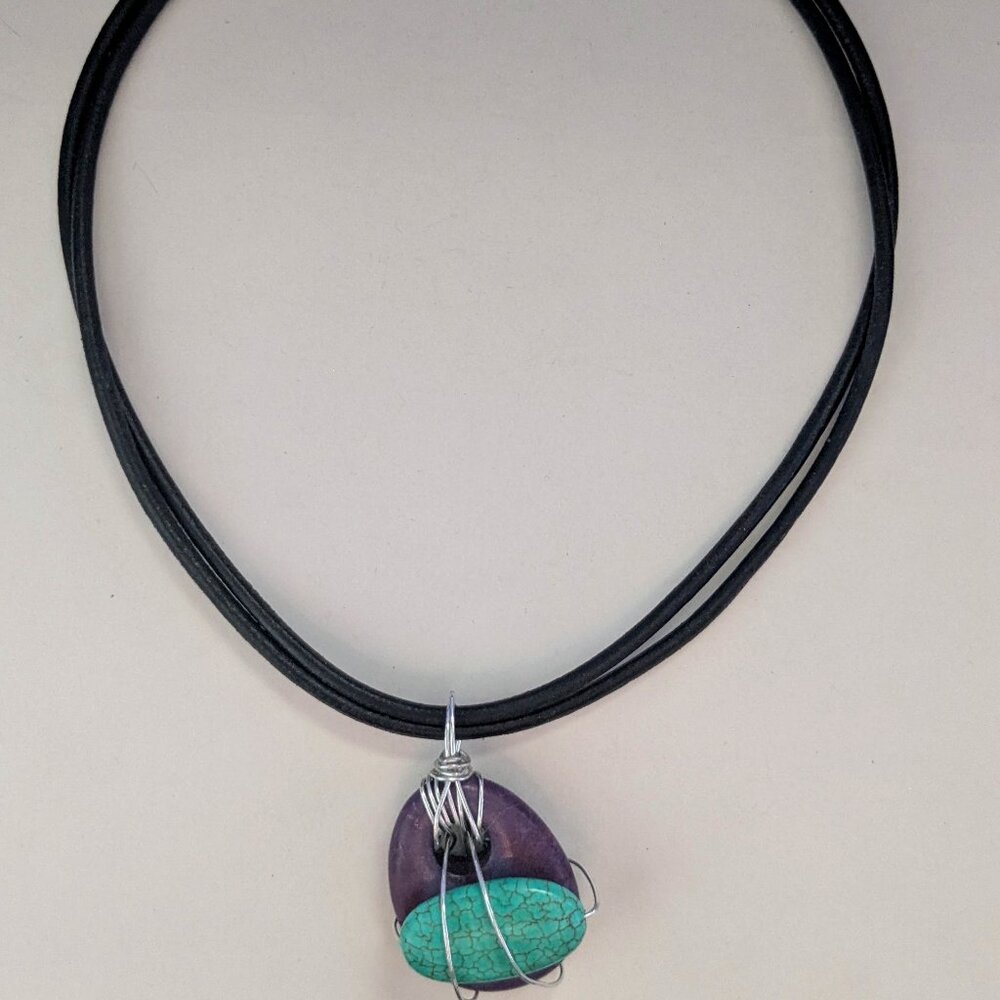 SX 925 Sterling Thai Purple Nephrite Turquoise Stone Leather Corded Necklace